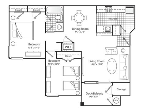 2 bedroom Floorplan black and white